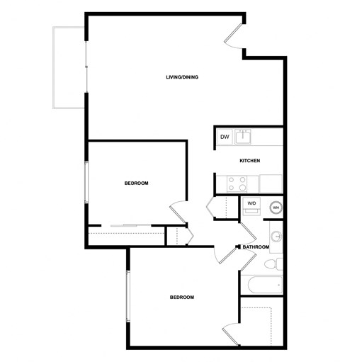 Floor plan for 2 beds, 1 bath, 781 sqft